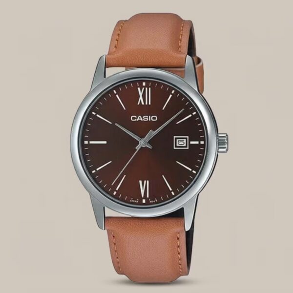 Casio men's brown dial watch with silver-tone case, tan leather strap and date display