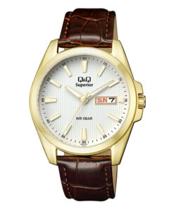 Q&Q Superior S284-101Y Brown Leather Strap White Dial All Stainless Steel Men's Gift Watch