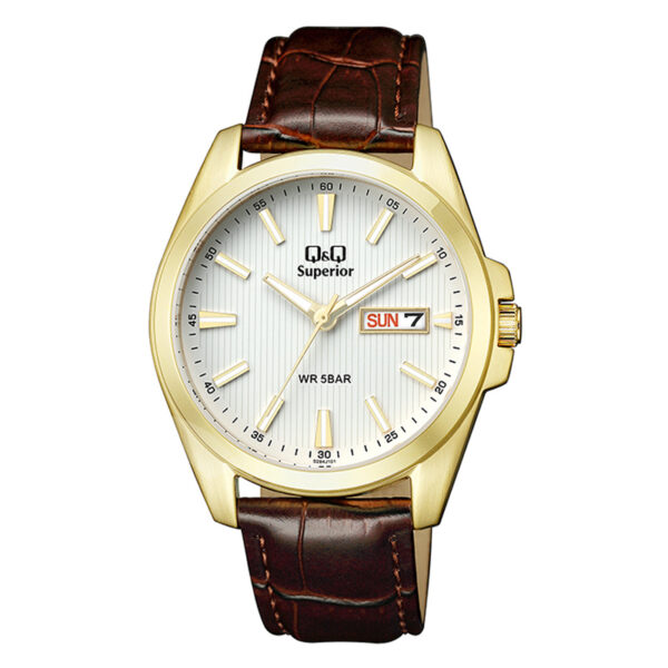 Q&Q Superior S284-101Y Brown Leather Strap White Dial All Stainless Steel Men's Gift Watch