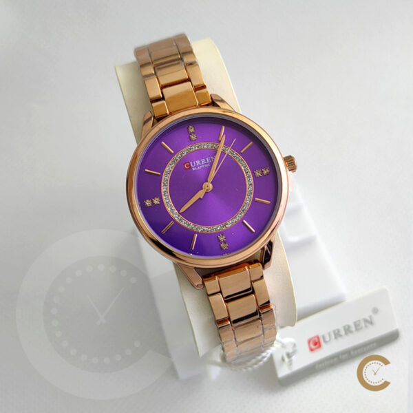9006 curren ladies watch in rose gold stainless steel chain & purple color dial. best budget range ladies gift watch for wedding, engagement, nikah & other events