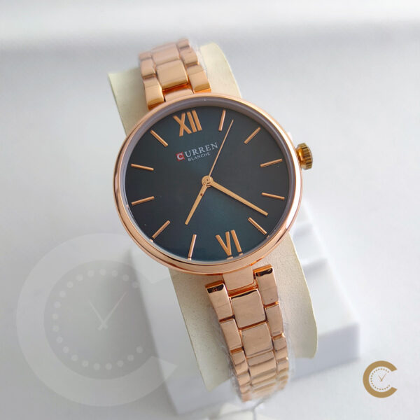Curren 9017 rose gold stainless steel chain & dark green big simple analog dial ladies budget range gift watch pakistan