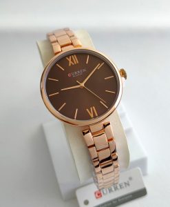 Curren 9017 rose gold stainless steel chain & big brown dial ladies simple analog budget range gift dress watch