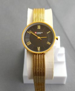 Curren 9020 budget ladies gift watch in golden special mesh chain & black roman index dial