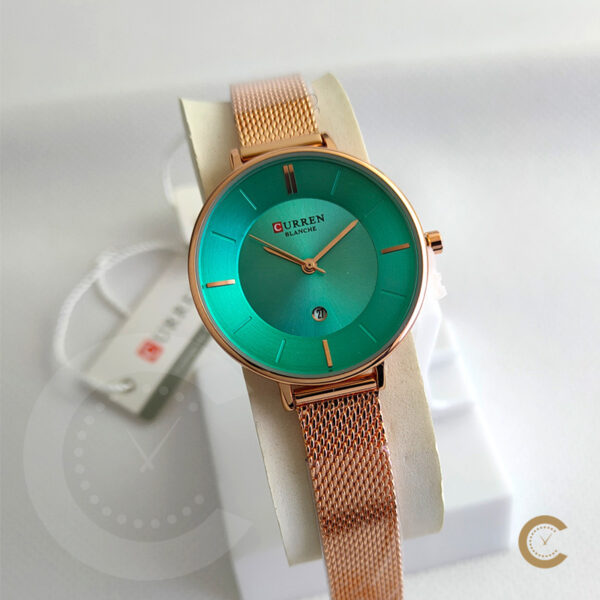 Curren 9037 rose gold mesh chain ferozi dial ladies gift watch with date feature on the dial