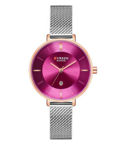 Curren 9037 Maroon Dial with date ladies gift watch in silver mesh chain