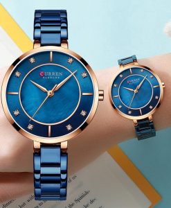 Curren 9051 full blue ladies gift watch in steel chain & attractive blue dial with rhinestone details