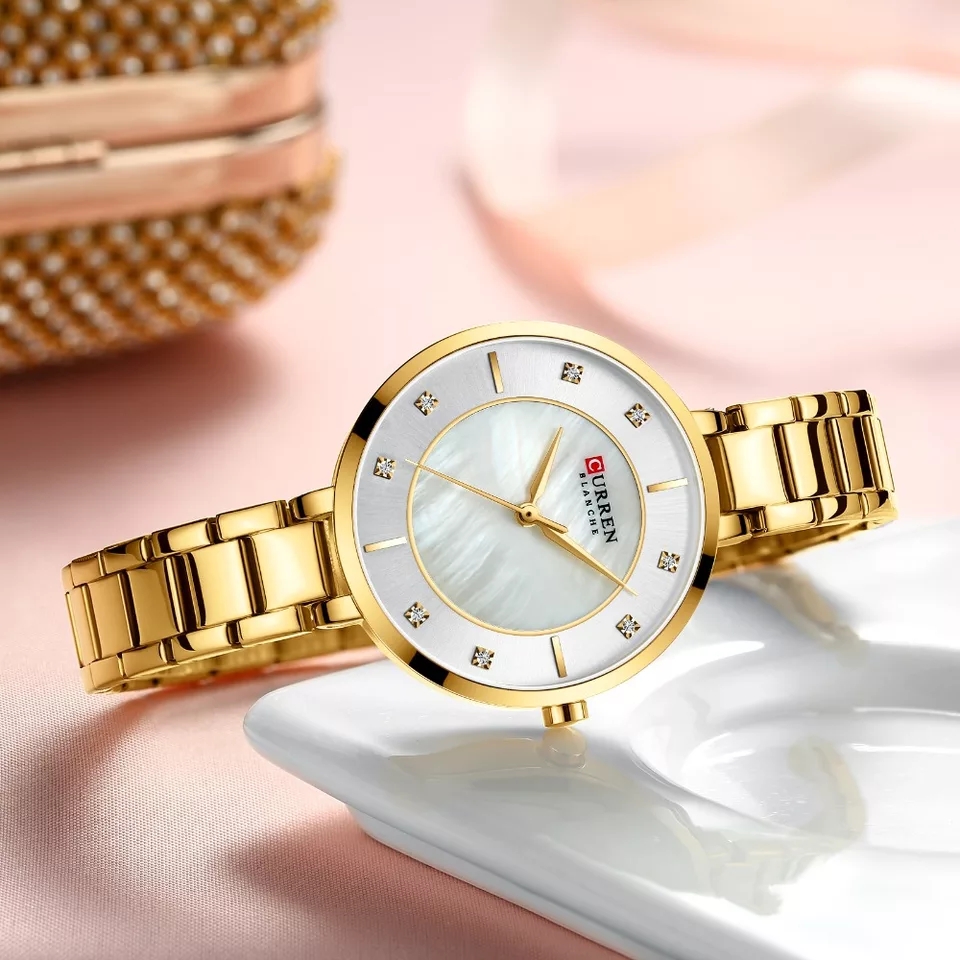 Curren 9051 golden steel chain & white simple dial ladies gift watch in budget range