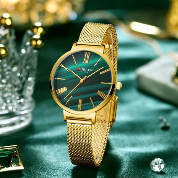 curren 9076 golden chain green dial analog ladies wrist watch