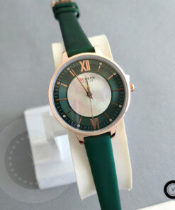 Curren 9080 green leather strap and simple analog roman dial ladies casual wear wrist watch quartz movement
