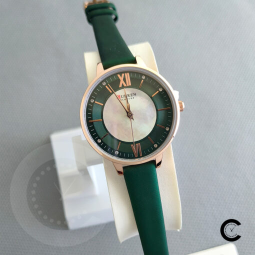 Curren 9080 green leather strap and simple analog roman dial ladies casual wear wrist watch quartz movement
