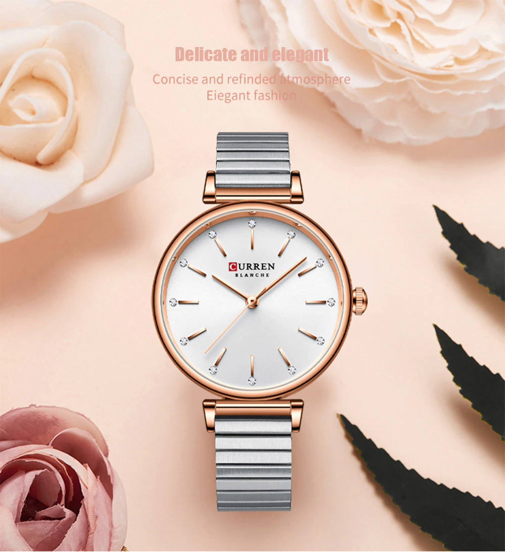 9081 Curren ladies fashion wear wrist watch in silver steel chain and white rose gold combination dial