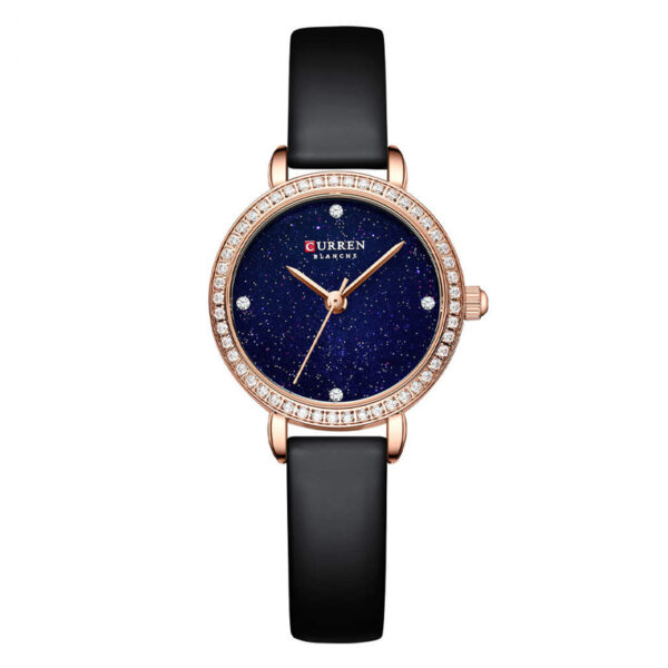 Curren 9083 black ladies leather strap wrist watch in black dial with golden contrast & stones embedded on the dial for a luxury look