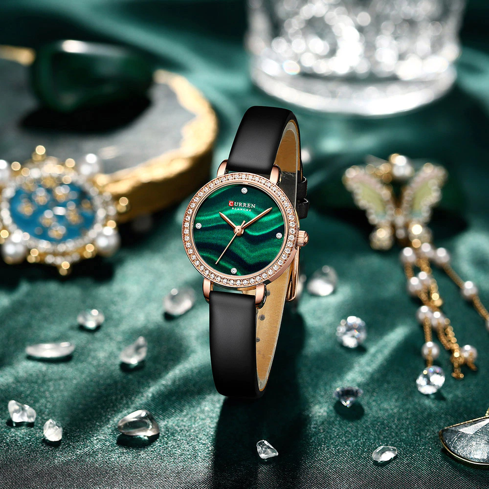 9083 curren ladies gift watch in black leather strap & green attractive dial