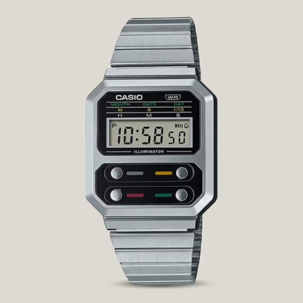 Casio A100WE-1AV men's vintage digital stainless steel watch with retro front buttons, Illuminator display and water-resistant design