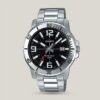 mtp-vd01d-1bv casio black analog dial with silver steel chain men's wrist watch