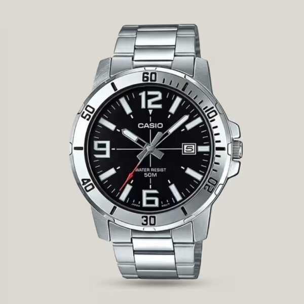mtp-vd01d-1bv casio black analog dial with silver steel chain men's wrist watch