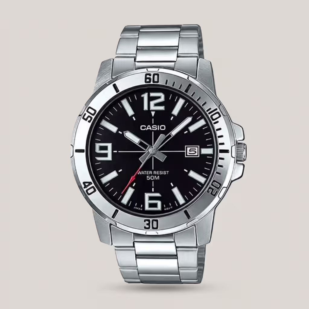 mtp-vd01d-1bv casio black analog dial with silver steel chain men's wrist watch