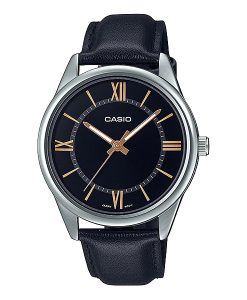 Casio MTP-V005L-1B5 full black gent's wrist watch in black leahter strap and black roman index simple dial