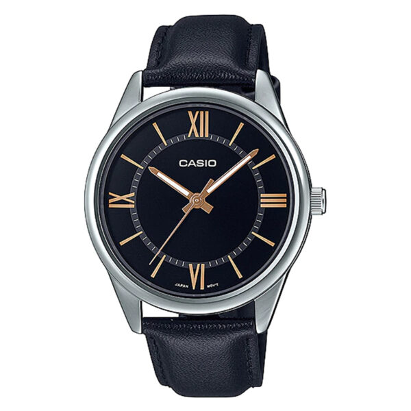 Casio MTP-V005L-1B5 full black gent's wrist watch in black leahter strap and black roman index simple dial