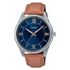 Casio MTP-V005L-2B5 blue dial camel leather strap mens analog simple wrist watch with roman index
