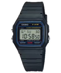 Casio F-91W-1 classic digital wristwatch with black resin strap and built-in stopwatch.