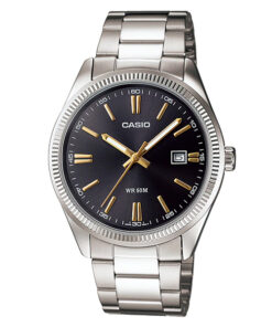 casio MTP-1302d-1a2vdf silver stainless steel strap black dial mens wrist watch