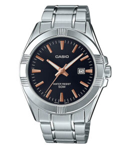 casio MTP-1308d-1a2vdf silver stainless steel strap black dial mens analog wrist watch