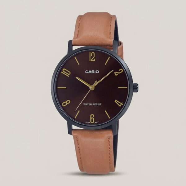Casio men's brown dial watch with tan leather strap, black case and gold-tone hands and hour markers