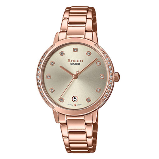 casio-SHE-4056PG-4A pink stainless steel golden analog dial ladies wrist watch