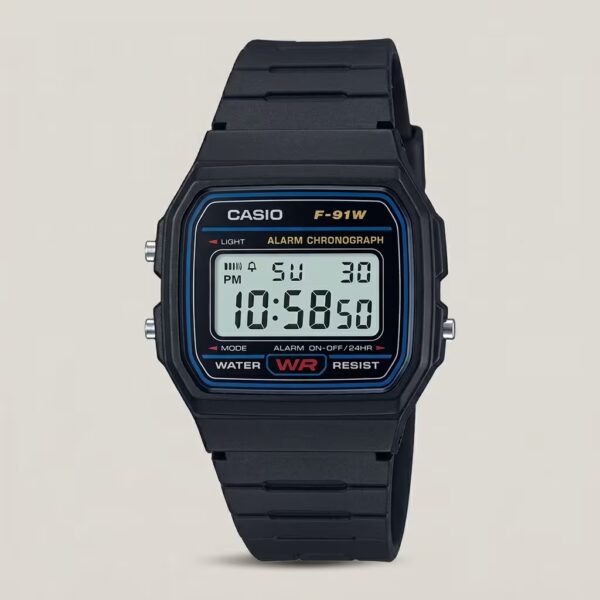 Casio F-91W-1 classic digital wristwatch with black resin strap and built-in stopwatch.