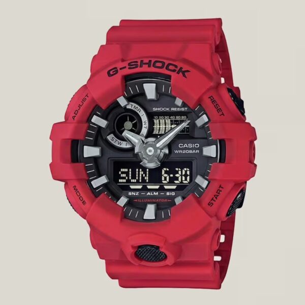 Casio G-Shock men's red analog-digital watch with black dial, shock-resistant design and 200M water resistance