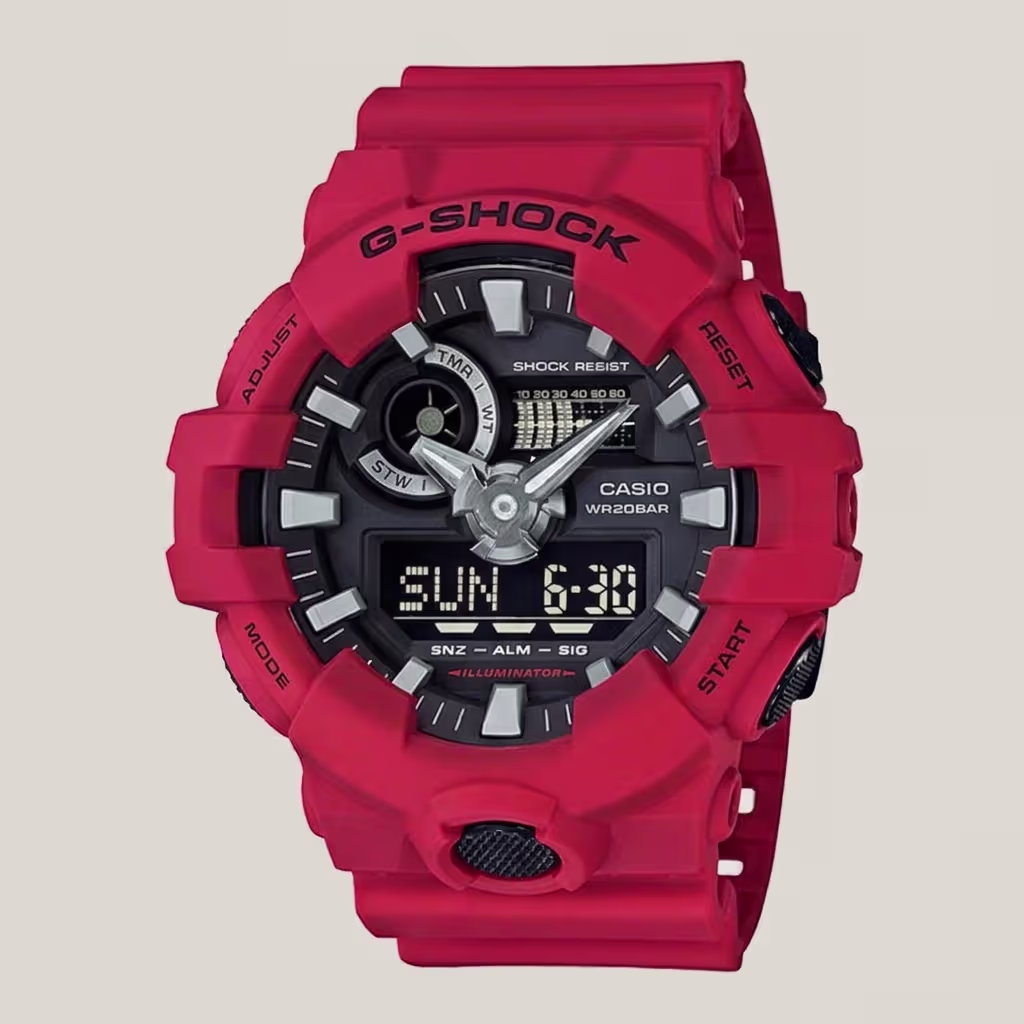 Casio G-Shock men's red analog-digital watch with black dial, shock-resistant design and 200M water resistance