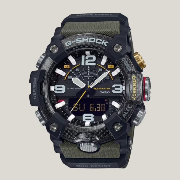 Casio G-Shock Mudmaster men's black and olive analog-digital watch with rugged mud-resistant design and multiple sensors