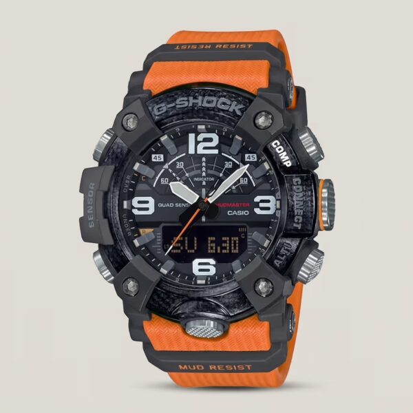Casio G-Shock Mudmaster men's orange and black analog-digital watch with rugged mud-resistant design and multiple sensors