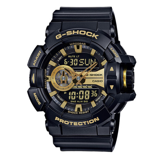 casio-gshock-GA-400GB-1A9 shock resistant golden and black color dial black resin band 200M water resistant digital youth wrist watch