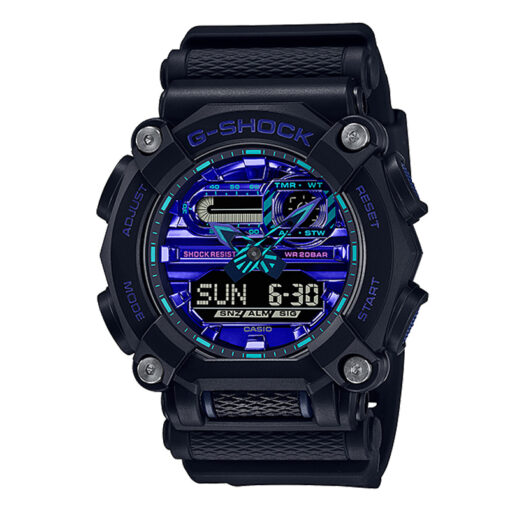 casio-gshock-GA-900VB-1A shock resistant black resin band blue dial youth wrist watch