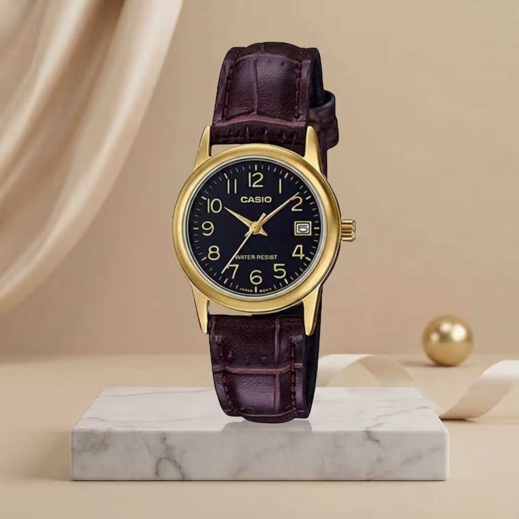 Casio ladies black dial watch with gold-tone case, brown leather strap and date display