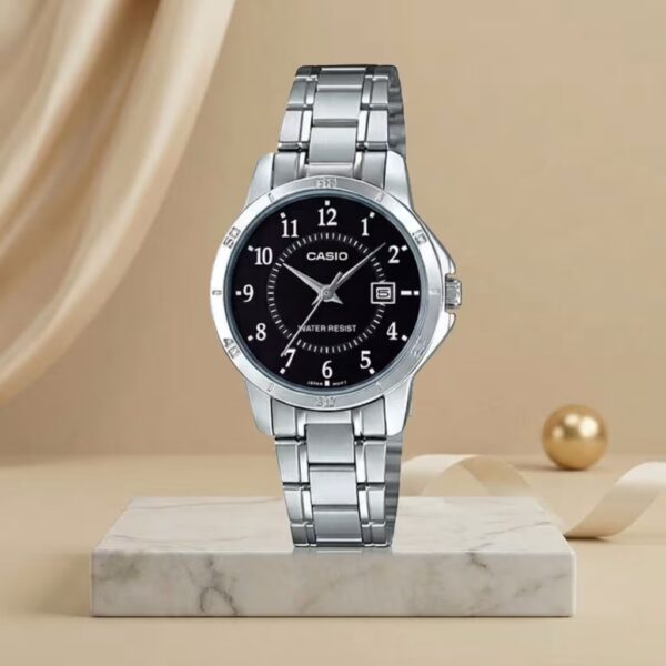 Casio ladies black numeric dial watch with silver stainless-steel bracelet and date display