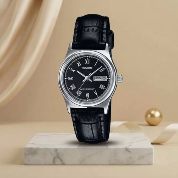 Casio ladies black Roman numeral dial watch with black leather strap, silver-tone case and day-date display