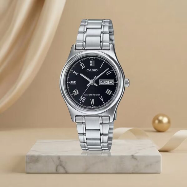 Casio ladies black Roman numeral dial watch with silver stainless-steel bracelet and day-date display