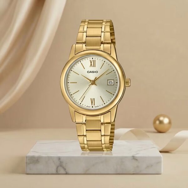 Casio ladies gold-tone watch with champagne dial, date display and gold stainless-steel bracelet