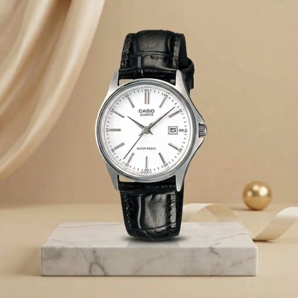 Casio LTP-1183E-7 ladies white dial watch with silver case, date display and black leather strap