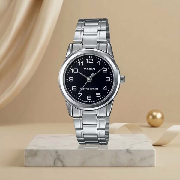 Casio LTP-V001D-1B ladies black dial watch with silver stainless-steel bracelet