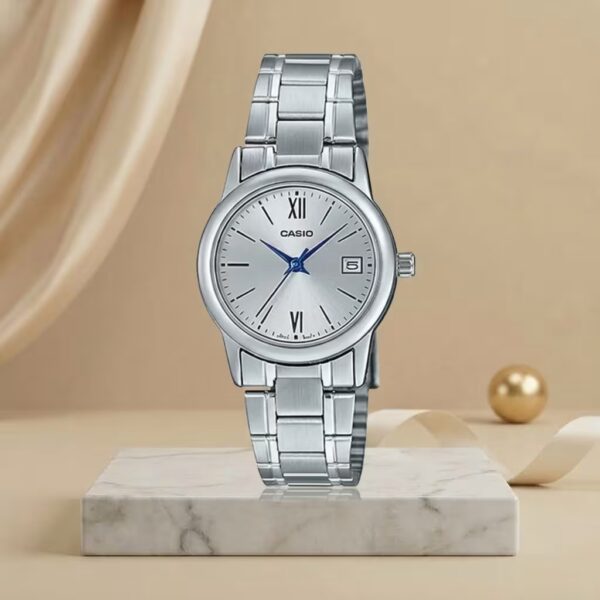 Casio LTP-V002D-7B3 ladies silver dial watch with blue hands, date display and silver stainless-steel bracelet