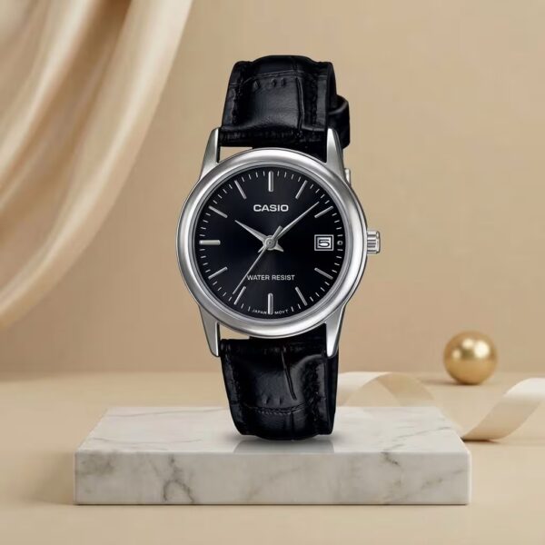 Casio LTP-V002L-1A ladies black dial watch with silver case, date display and black leather strap