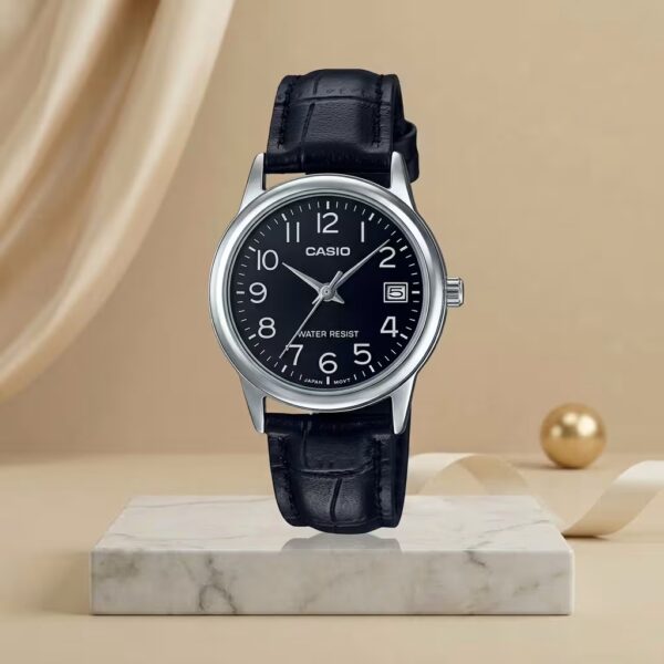 Casio LTP-V002L-1B ladies black dial watch with silver case, date display and black leather strap
