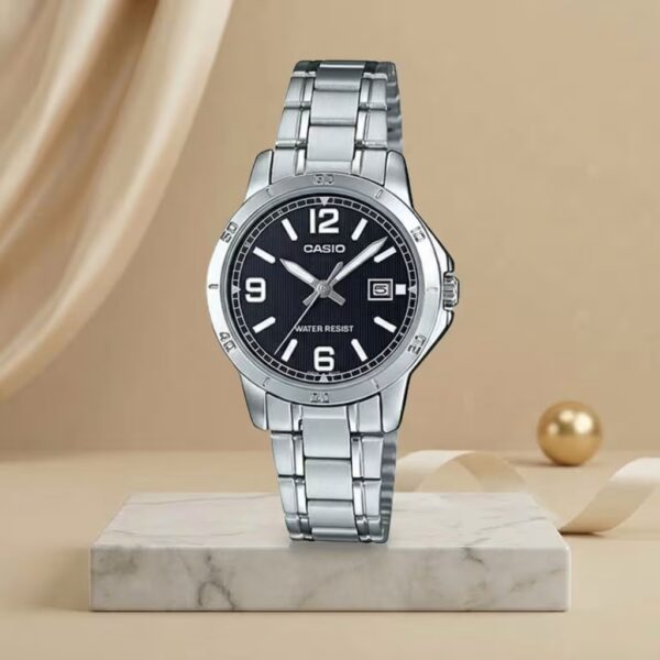 Casio LTP-V004D-1B2 ladies black dial watch with silver stainless-steel bracelet and date display