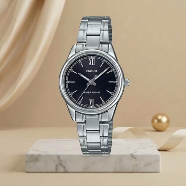 Casio ladies black Roman numeral dial watch with silver stainless-steel bracelet and water-resistant design