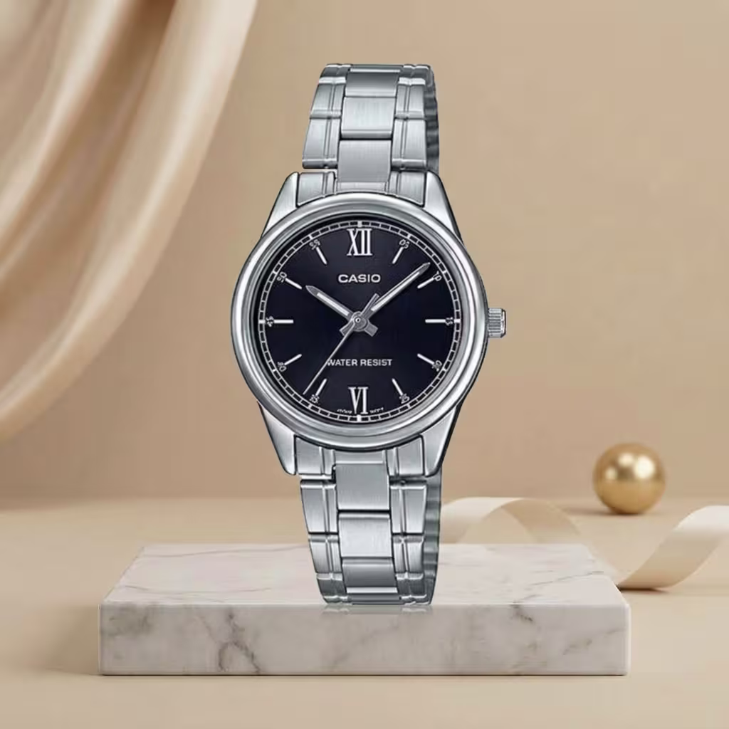 Casio ladies black Roman numeral dial watch with silver stainless-steel bracelet and water-resistant design