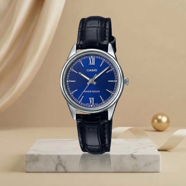 Casio LTP-V005L-2B ladies watch with blue dial, silver case and black leather strap